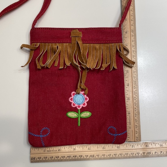 Small Red Denim w Suede Fringe & Embroidered Flower Crossbody Shoulder Bag NWOT - Picture 15 of 16